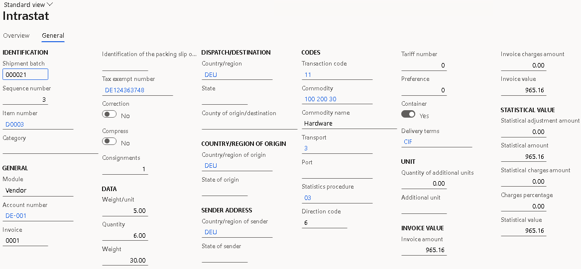 Purchase order details on the General tab of the Intrastat page.