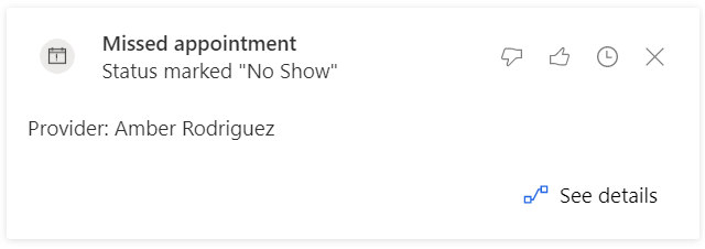 A screenshot showing the card for missed appointment.