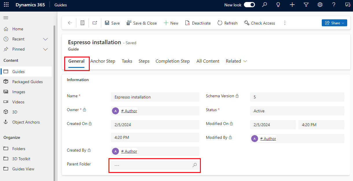 Screenshot of Model-driven app with General tab and Parent Folder field highlighted.