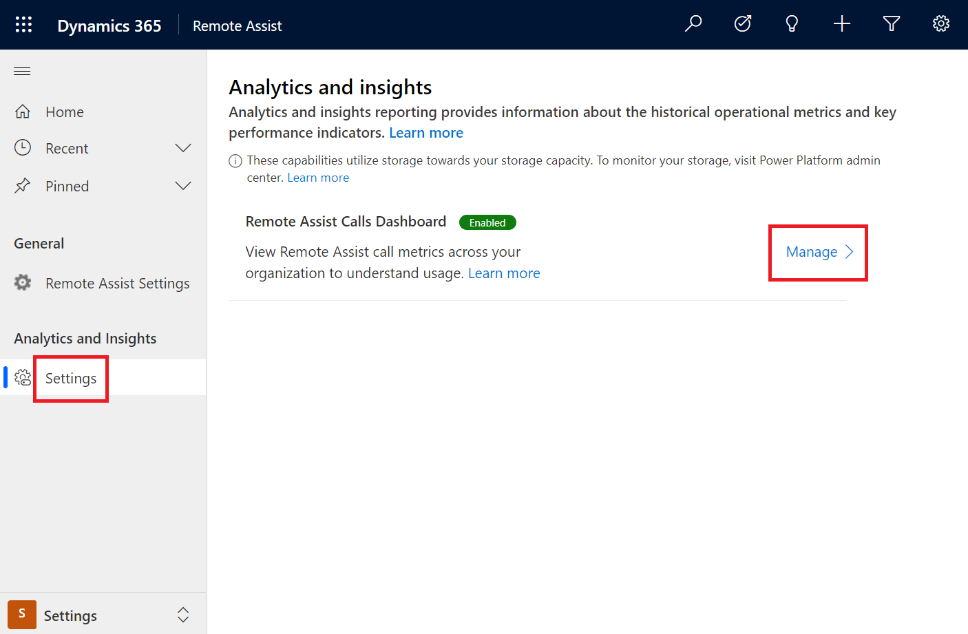 Select Calls Dashboard settings