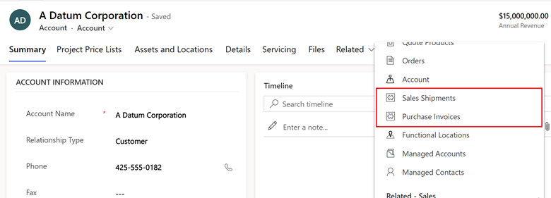 Shows the effect of synthetic relationship in coupled account in Dynamics 365 Sales