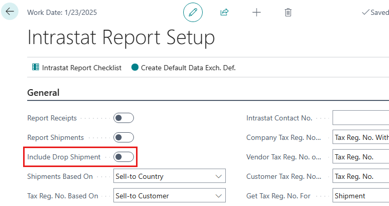 Shows the Intrastat Report Setup page with Include Drop Shipment field.