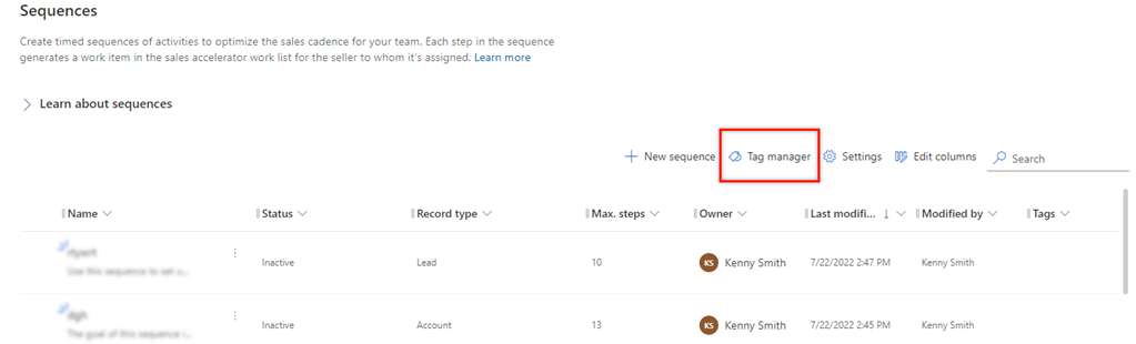 Wybierz menedżera tagu na stronie Sekwencje.