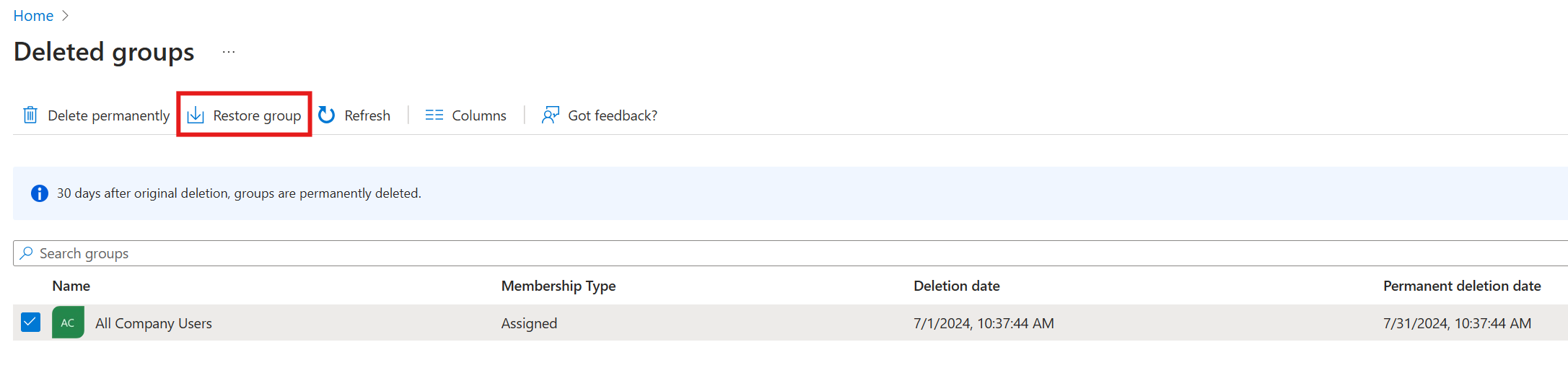 Zrzut ekranu przedstawiający przywracanie grup w witrynie Azure Portal.