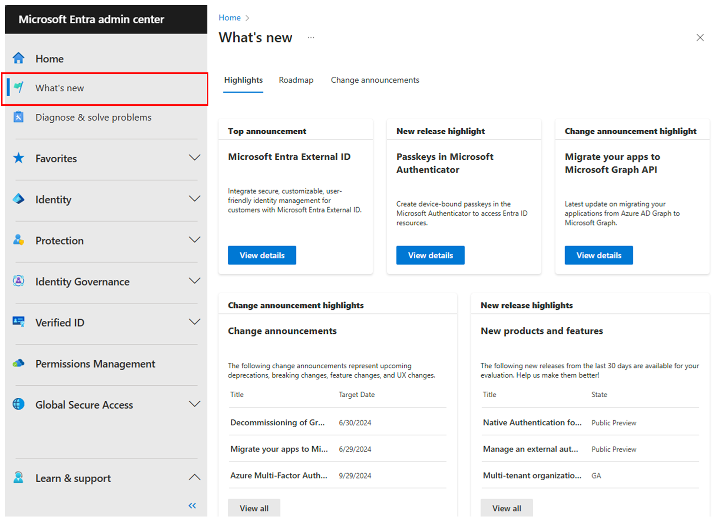 Zrzut ekranu przedstawiający centrum administracyjne firmy Microsoft Entra Co nowego.