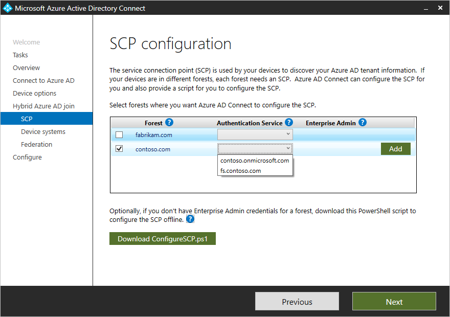 Zrzut ekranu przedstawiający Microsoft Entra Connect i opcje konfiguracji SCP w domenie federacyjnej.