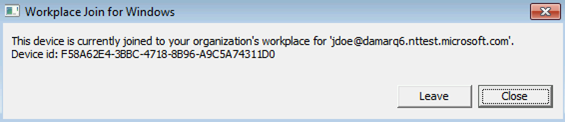 Zrzut ekranu przedstawiający okno dialogowe Dołączanie w miejscu pracy dla systemu Windows. Tekst zawierający adres e-mail wskazuje, że określone urządzenie jest przyłączone do miejsca pracy.