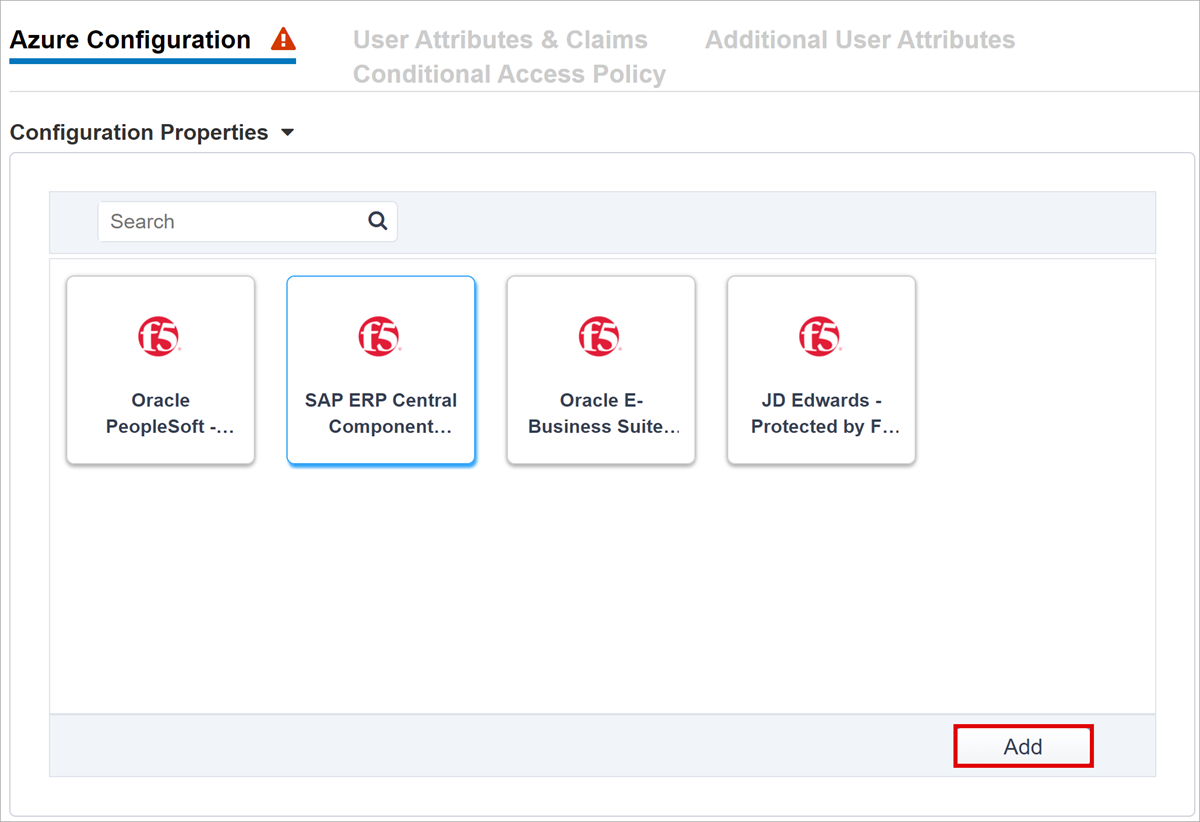 Zrzut ekranu przedstawiający opcję SAP ERP Central Component w usłudze Azure Configuration i przycisk Dodaj.