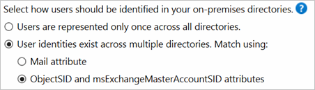 Opcja używania atrybutów ObjectSID i msExchMasterAccountSID do dopasowywania, gdy tożsamości istnieją w wielu katalogach