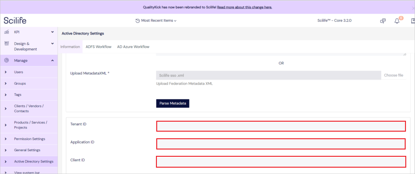 Zrzut ekranu przedstawia identyfikator dzierżawy platformy Azure Scilife.