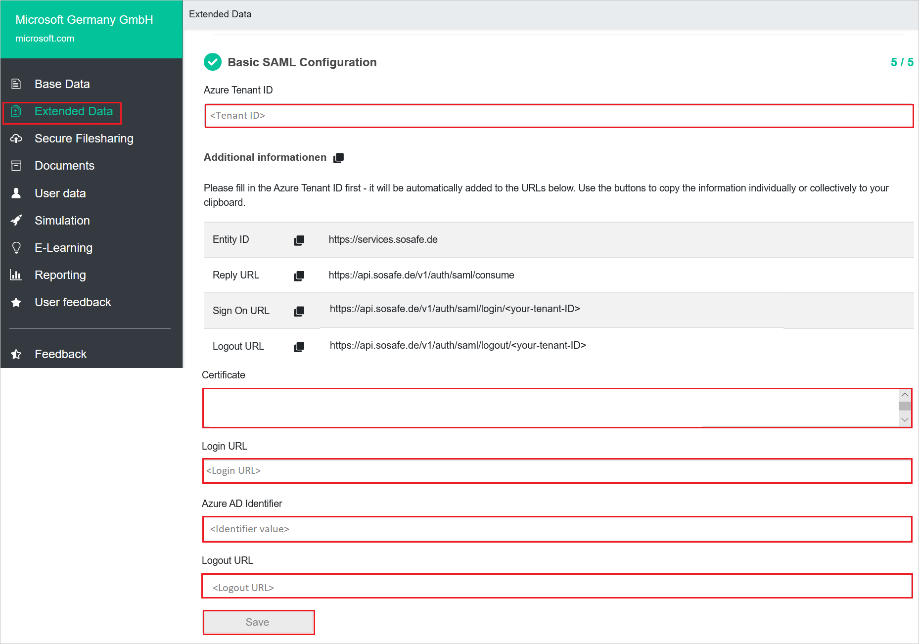 Extended data saml page