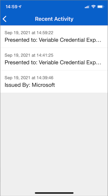 Zrzut ekranu przedstawiający historię weryfikowalnych poświadczeń.