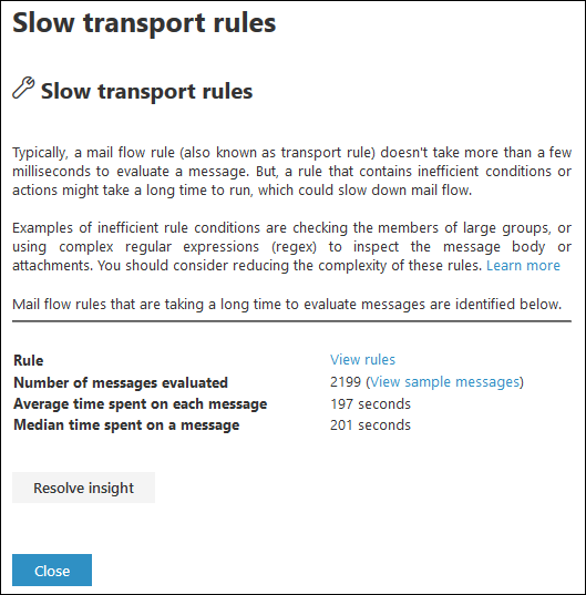 Details flyout that appears after clicking View details in the Fix slow mail flow rules insight.