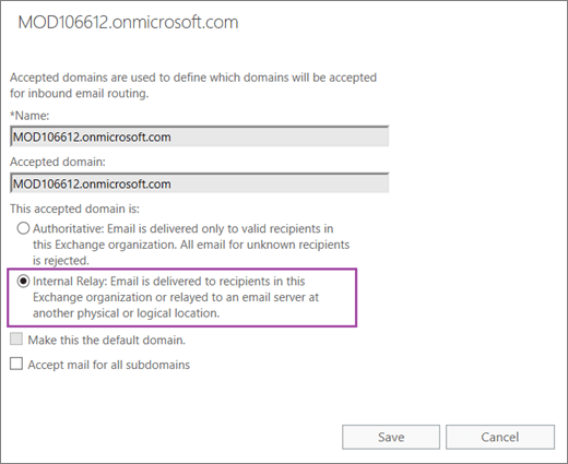 Zrzut ekranu przedstawiający okno dialogowe Zaakceptowana domena z opcją Internal Relay wybraną dla określonej zaakceptowanej domeny.