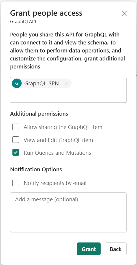 Zrzut ekranu przedstawiający uprawnienia interfejsu API GraphQL.