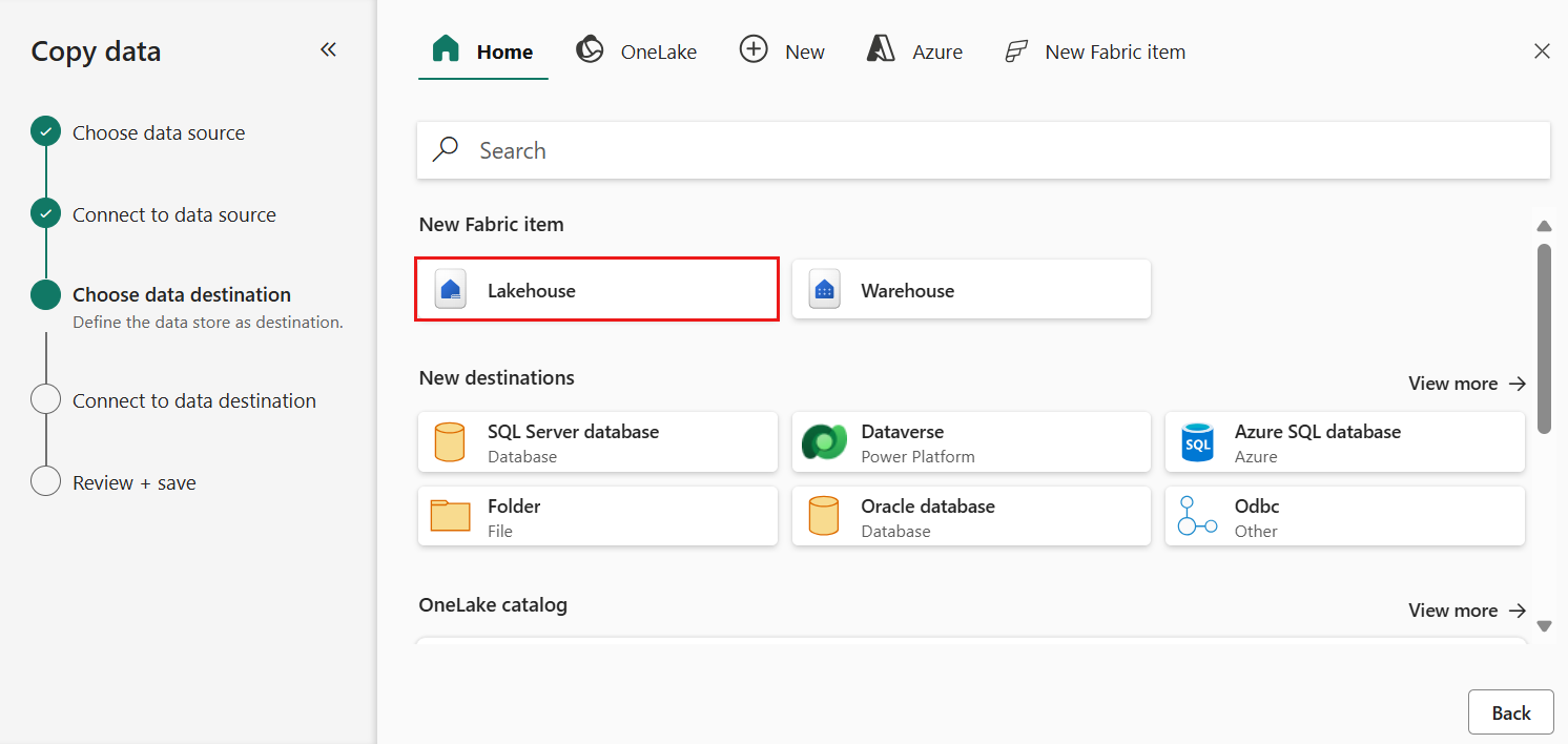 Zrzut ekranu przedstawiający wybór miejsca docelowego usługi Lakehouse w Narzędziu do kopiowania danych.
