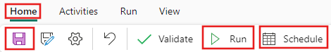 Screenshot showing the Home tab in the pipeline editor with the tab name, Save, Run, and Schedule buttons highlighted.