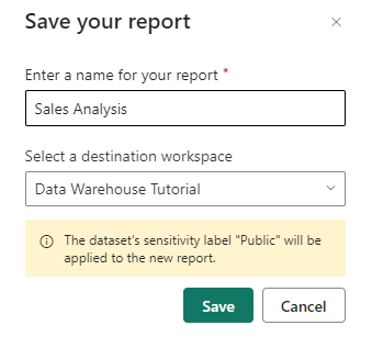 Zrzut ekranu przedstawiający okno dialogowe Zapisywanie raportu z funkcją Sales Analysis wprowadzonym jako nazwą raportu.