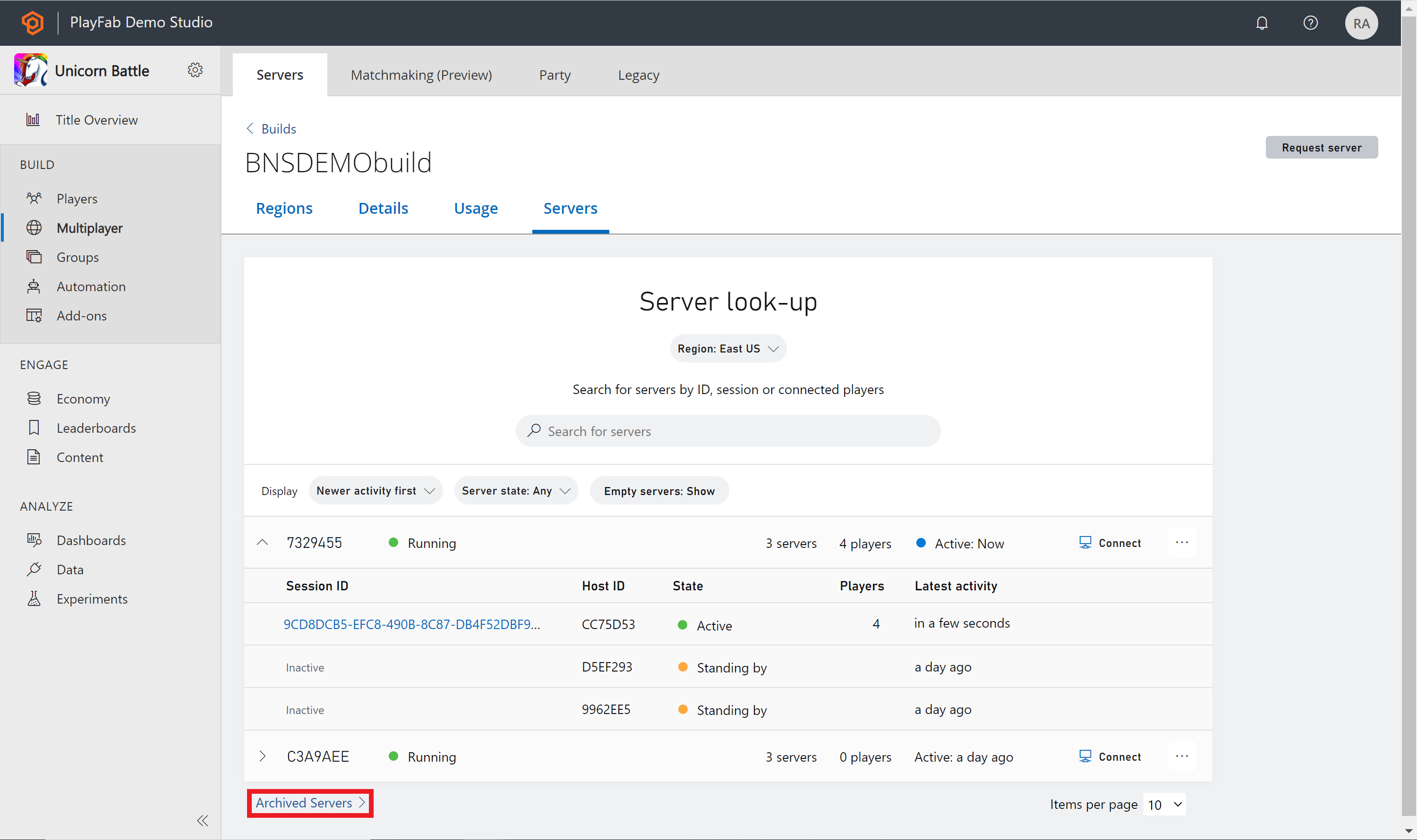 PlayFab Multiplayer Servers overview page with Archived Server link highlighted