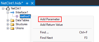 Screenshot shows main design view, method shortcut menu, and selected option for Add Parameter.