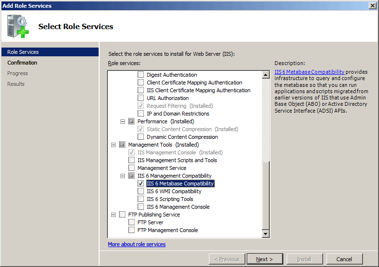 Screenshot of the Role Services page. I I S 6 Metabase Compatibility is highlighted.