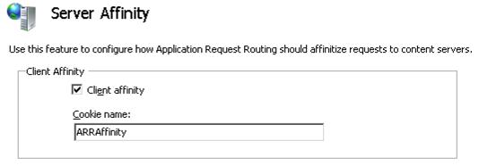 Screenshot of the Server Affinity feature page. The checkbox next to Client affinity is shown. In the Cookie name box, the text A R R Affinity is shown.