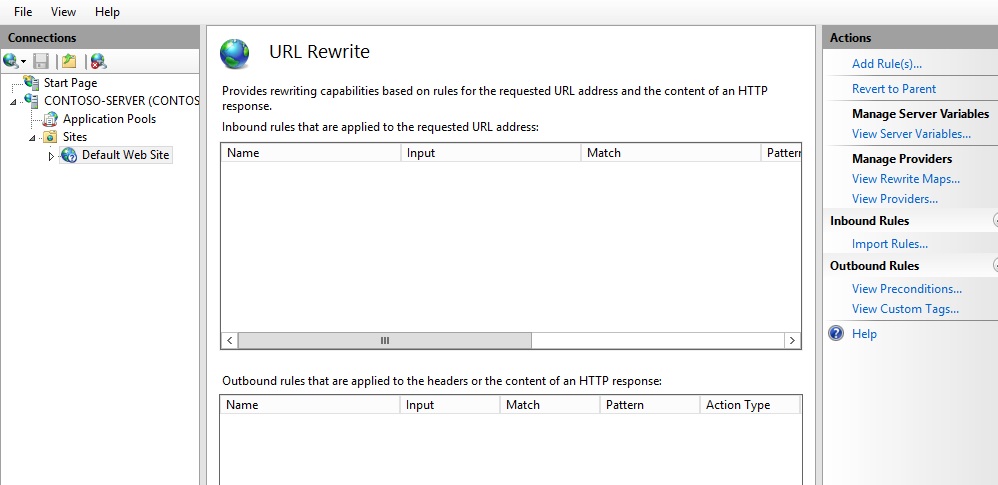 Screenshot that shows the U R L Rewrite pane.