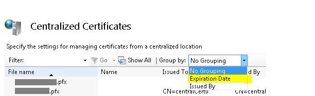 Screenshot of the Centralized Certificates dialog box. In the Group by drop down list, Expiration Date is highlighted.