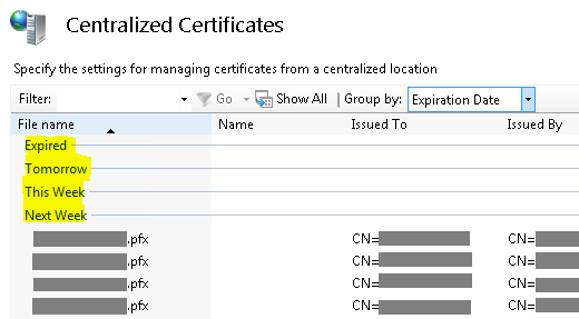 Screenshot of the Centralized Certificates dialog box. In the File name column, Expired, Tomorrow, This Week, Next Week are all highlighted.