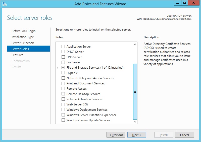 A screenshot that shows the Server Roles page in Windows server 2012.