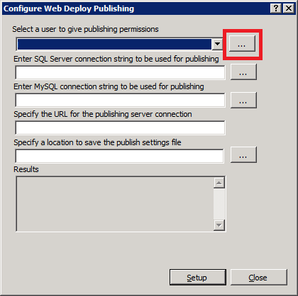 Screenshot that shows the Configure Web Deploy Publishing dialog box. The ellipsis on the first variable is highlighted.