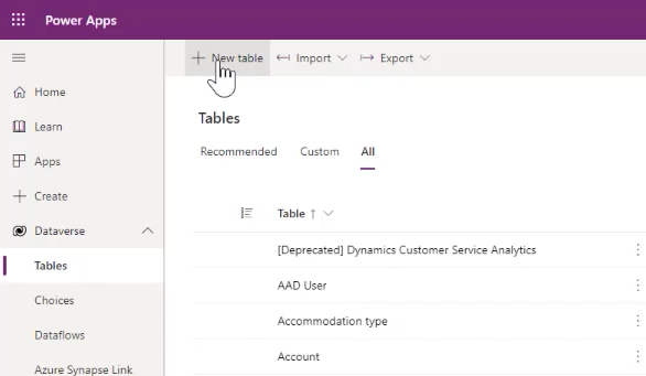 Wybierz Wybierz Nowa tabela.