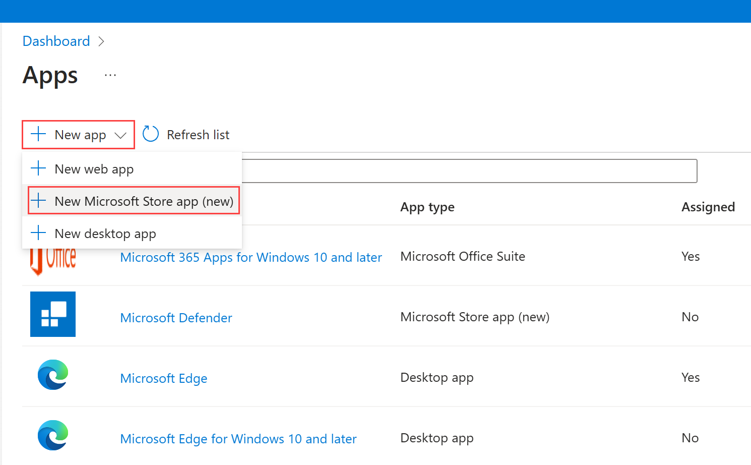 Screenshot of the Apps page, highlighting the create new app option and the Microsoft Store option.