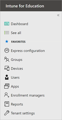 Zrzut ekranu przedstawiający pasek boczny usługi Intune for Edudcation z pulpitem nawigacyjnym i Zobacz wszystkie opcje i osiem ulubionych.