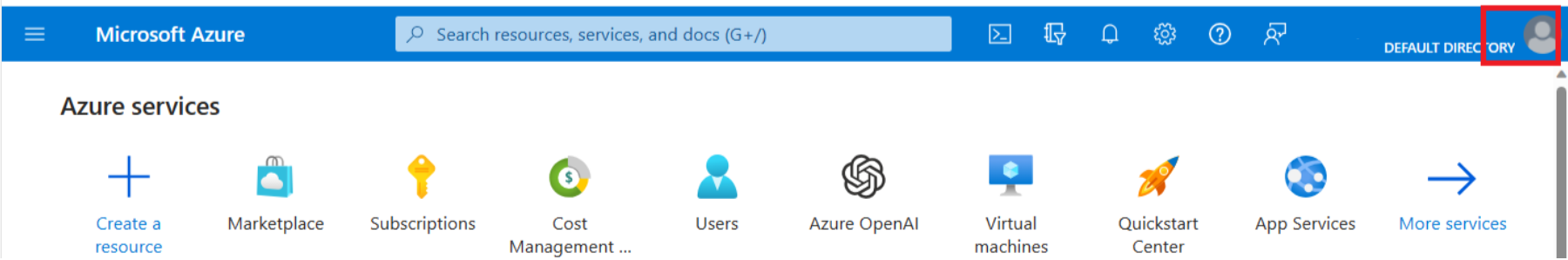 Zrzut ekranu przedstawiający górny pasek ekranu platformy Azure z wybraną ikoną Profilu konta.