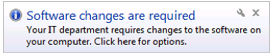 Powiadomienie wyskakujące, że wymagane są zmiany oprogramowania