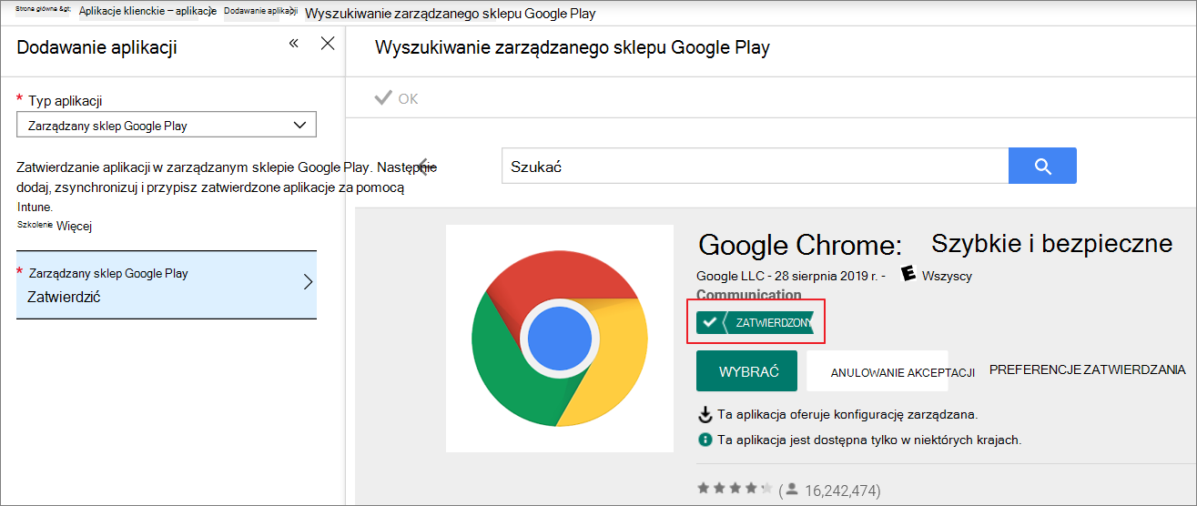 Wyszukiwanie i zatwierdzanie przeglądarki Google Chrome