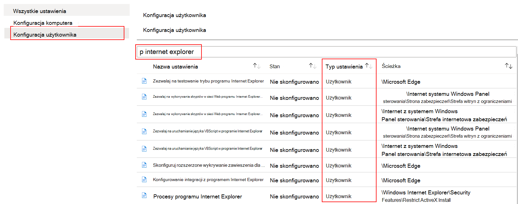 W szablonie ADMX wybierz konfigurację użytkownika i wyszukaj lub przefiltruj program Internet Explorer w usłudze Microsoft Intune.