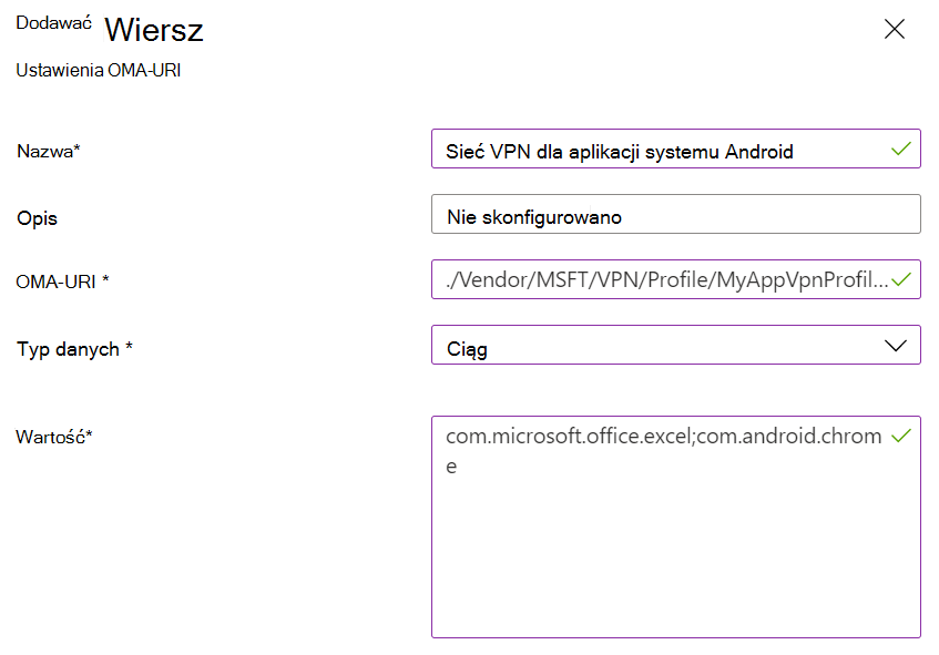 Zrzut ekranu przedstawiający niestandardowe zasady niestandardowe sieci VPN dla aplikacji dla administratora urządzeń z systemem Android w Microsoft Intune.