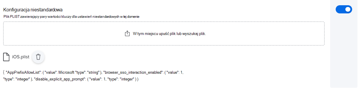 Zrzut ekranu przedstawiający przykładową konfigurację niestandardową z plikiem PLIST dla narzędzia Jamf Pro.