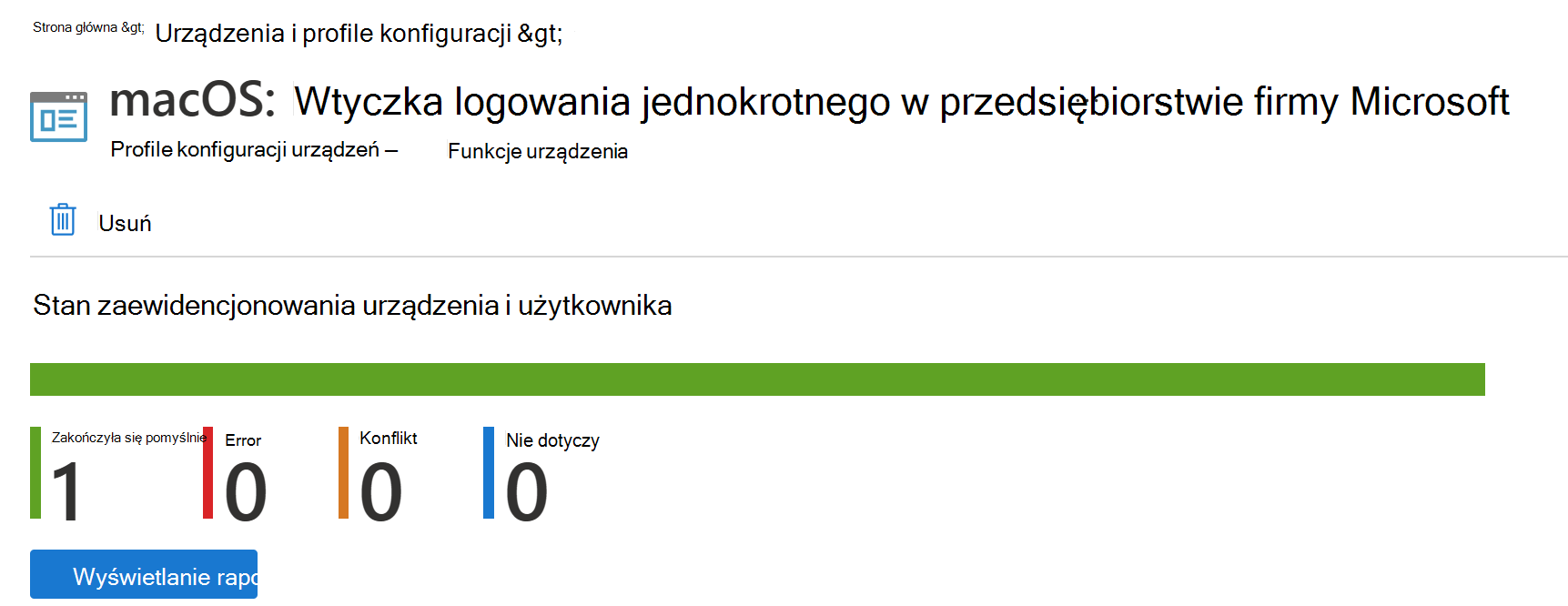 Zrzut ekranu przedstawiający raport wdrażania profilu konfiguracji urządzenia z systemem macOS w Microsoft Intune.