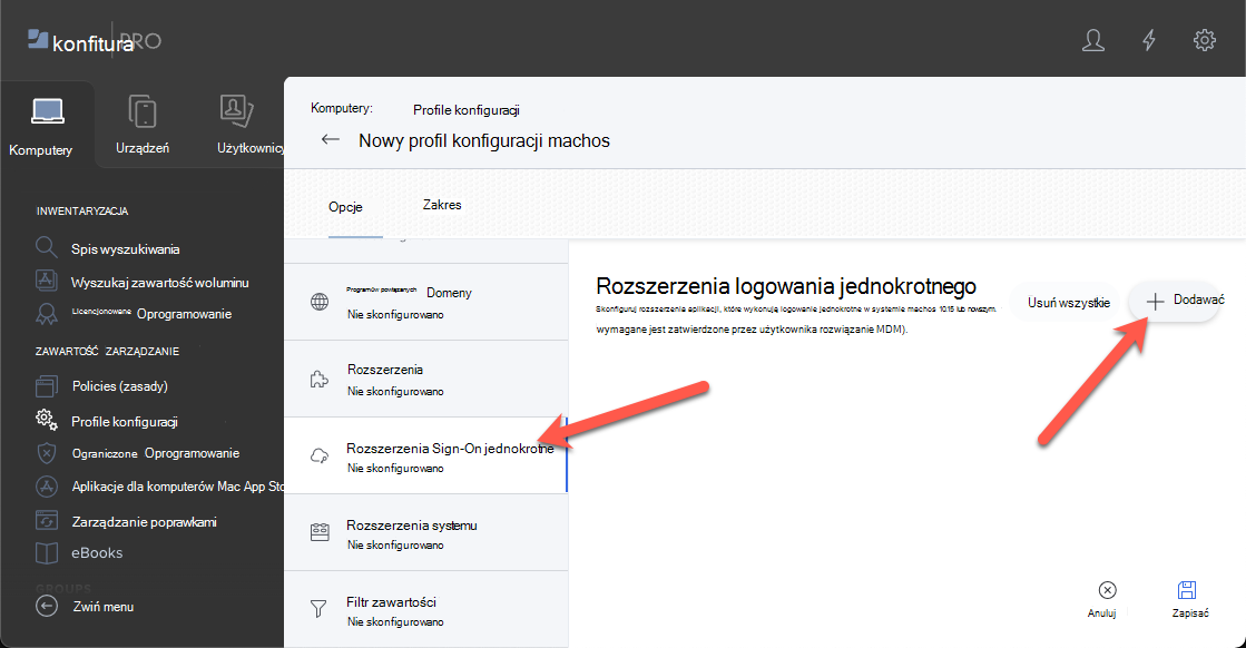 Zrzut ekranu przedstawiający portal Narzędzia Jamf Pro. Wybierz opcję logowania jednokrotnego profilów konfiguracji i wybierz pozycję Dodaj dla urządzeń z systemem macOS.