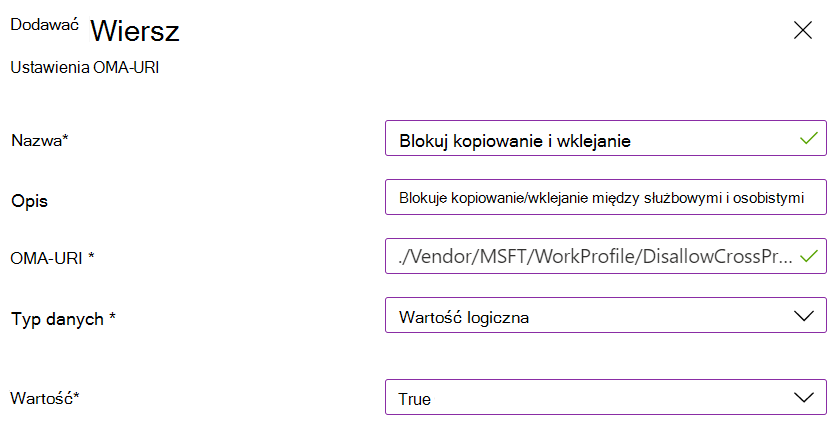 Zrzut ekranu przedstawiający ustawienie w niestandardowym profilu służbowym Microsoft Intune, które blokuje kopiowanie i wklejanie dla urządzeń osobistych z systemem Android Enterprise.