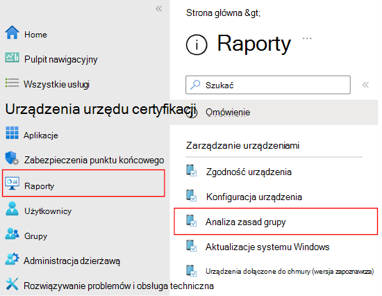 Zrzut ekranu przedstawiający sposób przeglądania raportu i danych wyjściowych zaimportowanych obiektów zasad grupy przy użyciu analizy zasady grupy w centrum administracyjnym Microsoft Intune i Intune.