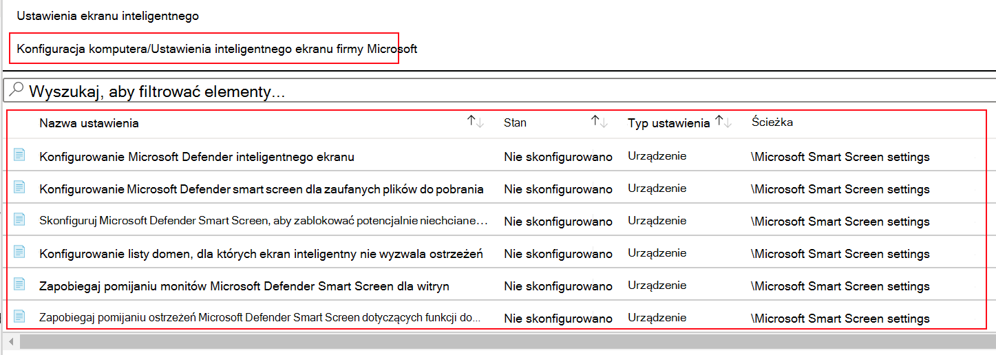 Screenshot that shows how to see the Microsoft Edge SmartScreen policy settings in ADMX templates in Microsoft Intune.