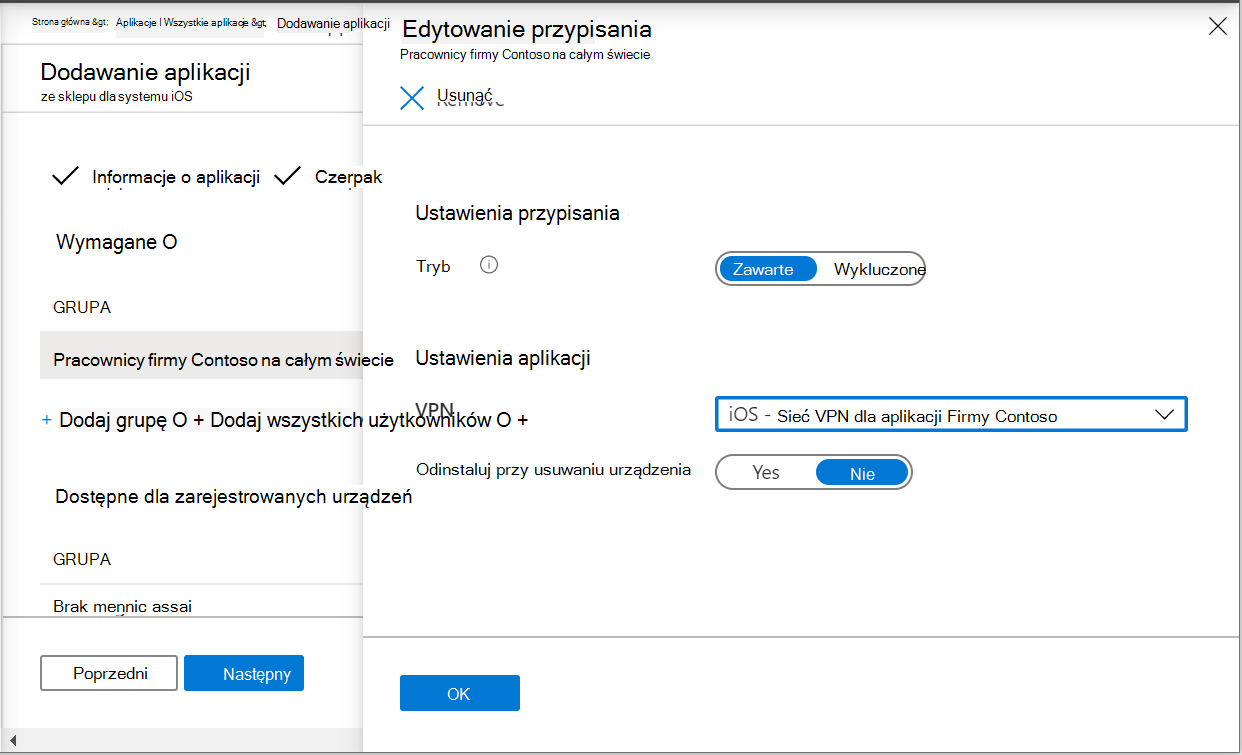 Dwa zrzuty ekranu przedstawiające przypisywanie aplikacji do profilu sieci VPN dla aplikacji w centrum administracyjnym Microsoft Intune i Intune.