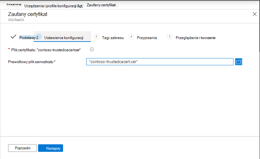 Utwórz profil zaufanego certyfikatu dla urządzeń z systemem iOS/iPadOS w centrum administracyjnym Microsoft Intune i Intune.