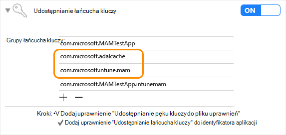 Intune Zestaw SDK aplikacji dla systemu iOS: udostępnianie łańcucha kluczy