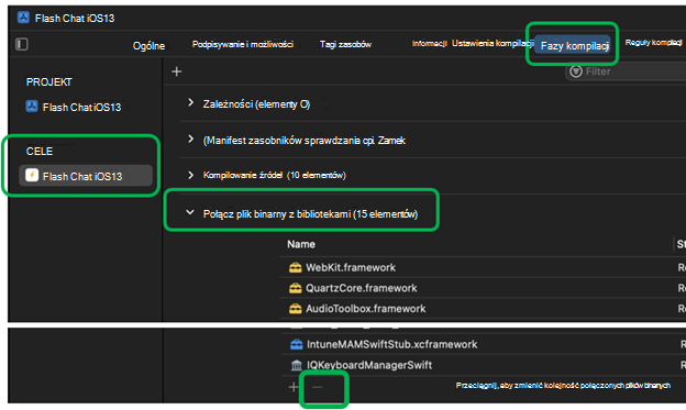 Zrzut ekranu przedstawiający sposób usuwania struktur w łącz dane binarne z bibliotekami w programie Xcode na urządzeniu z systemem macOS.