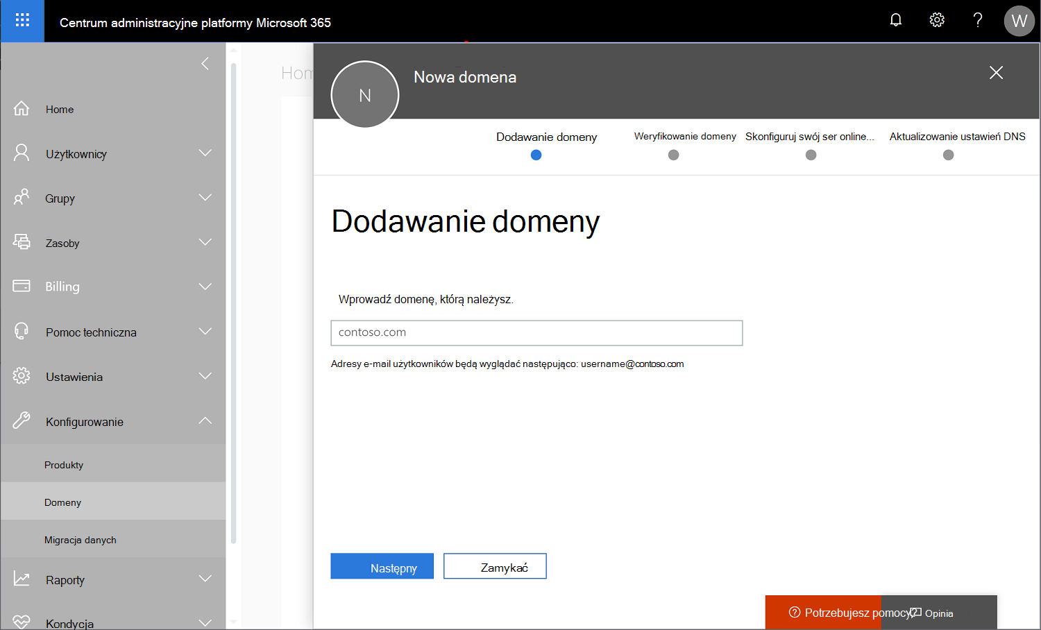 Zrzut ekranu przedstawiający Centrum administracyjne platformy Microsoft 365 z wybranymi domenami ustawień > i dodawaniem nowej nazwy domeny